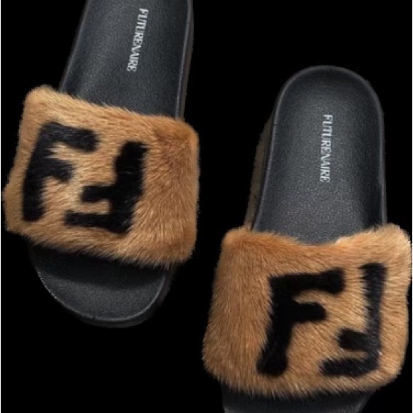 FurTrimmed Black And Brown Slides Mink Slides